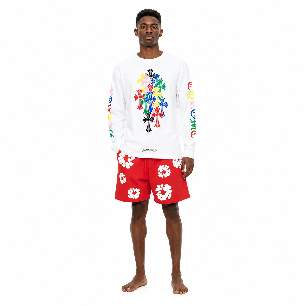Chrome Hearts Multi Color Cross Cemetery L/S T-shirt + Denim Tears The Cotton Wreath Shorts Red