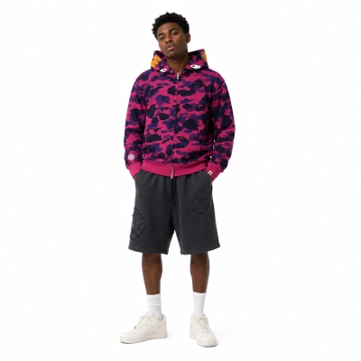 BAPE Color Camo Shark Zip Hoodie Purple + Chrome Hearts Distressed Embroidery Shorts 01