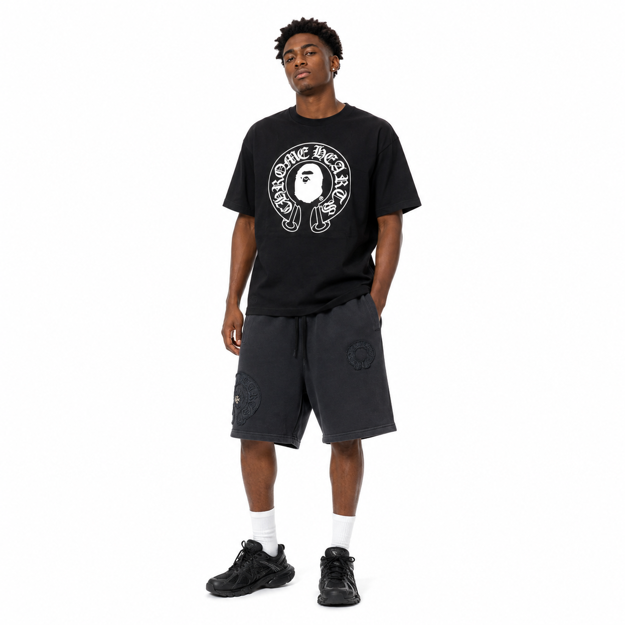 BAPE x Chrome Hearts T-shirt 'Black' + Chrome Hearts Distressed Embroidery Shorts