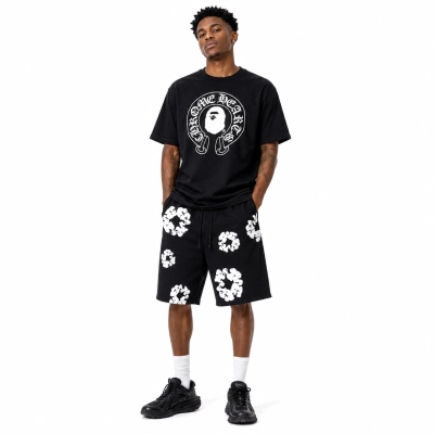 BAPE x Chrome Hearts T-shirt 'Black' + Denim Tears The Cotton Wreath Shorts Black 01