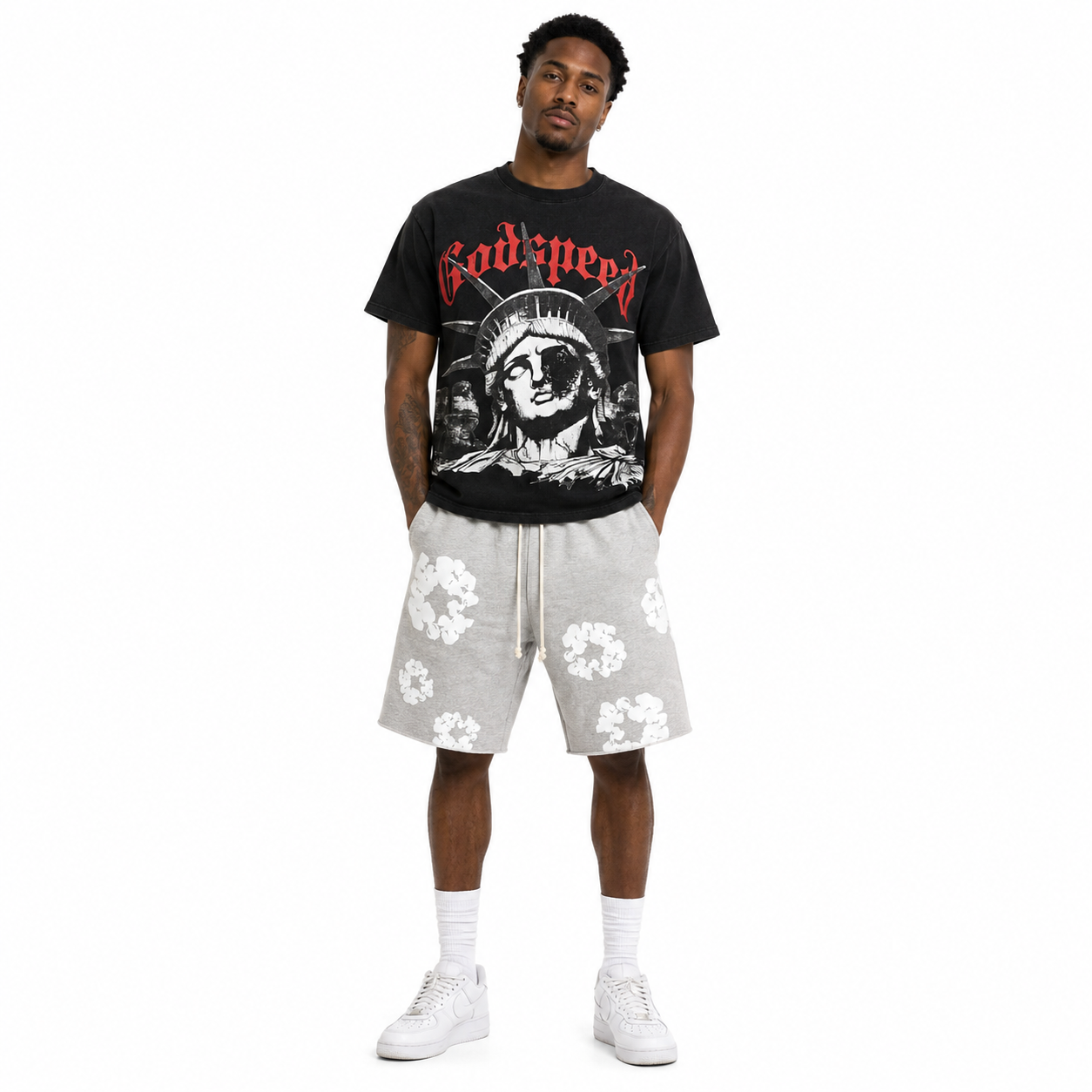 Godspeed T-shirt #1127 + Denim Tears The Cotton Wreath Shorts Grey