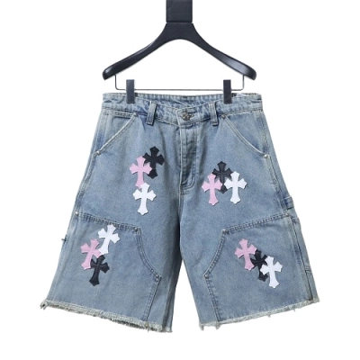 Chrome Hearts Cross Leather Patch Embroidered Denim Shorts 01