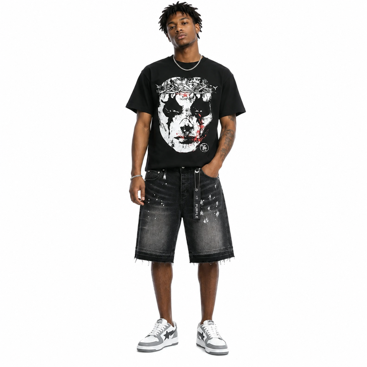 Hellstar T-Shirt-6710#+Purple Brand Denim Shorts