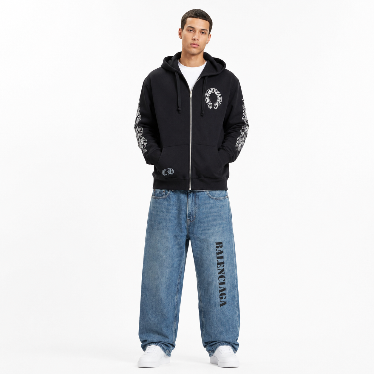 CHROME HEARTS Hoodie K5001+ Balenciaga Ripped Jeans