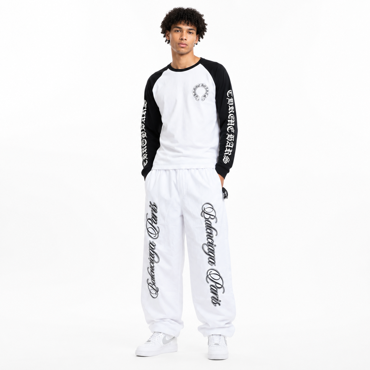 CHROME HEARTS Sweatshirt K9003 + Balenciaga 26SS Cursive Signature Embroidered Tracksuit Pants