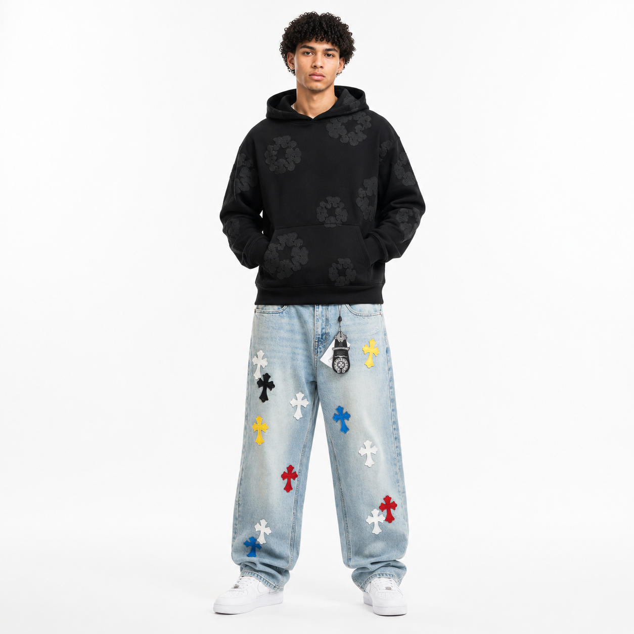 Denim Tears Cotton Wreath Hoodie Black Monochrome + Chrome Hearts Macaron Colorful Cross Jeans