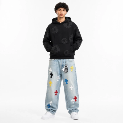 Denim Tears Cotton Wreath Hoodie Black Monochrome + Chrome Hearts Macaron Colorful Cross Jeans 01