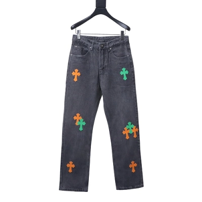 Chrome Hearts Leather Jeans with Sanskrit Cross Back Patches Yellow/Green 01