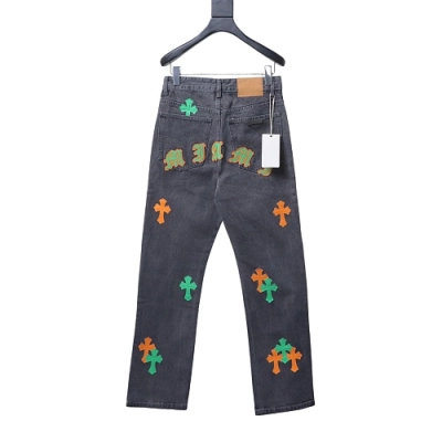 Chrome Hearts Leather Jeans with Sanskrit Cross Back Patches Yellow/Green 02