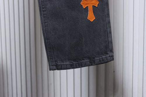Chrome Hearts Leather Jeans with Sanskrit Cross Back Patches Yellow/Green