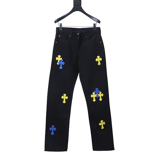 Chrome Hearts Leather Jeans with Sanskrit Cross Back Patches Black/Blue/Yellow