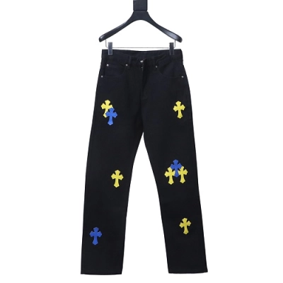Chrome Hearts Leather Jeans with Sanskrit Cross Back Patches Black/Blue/Yellow 01