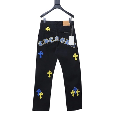 Chrome Hearts Leather Jeans with Sanskrit Cross Back Patches Black/Blue/Yellow 02
