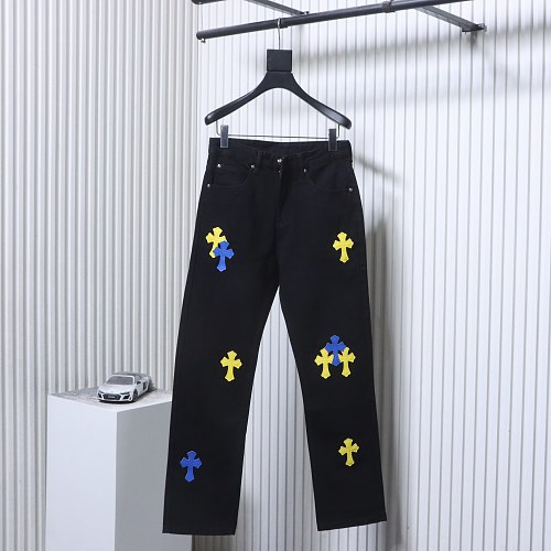Chrome Hearts Leather Jeans with Sanskrit Cross Back Patches Black/Blue/Yellow
