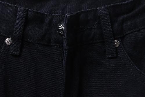 Chrome Hearts Leather Jeans with Sanskrit Cross Back Patches Black/Blue/Yellow