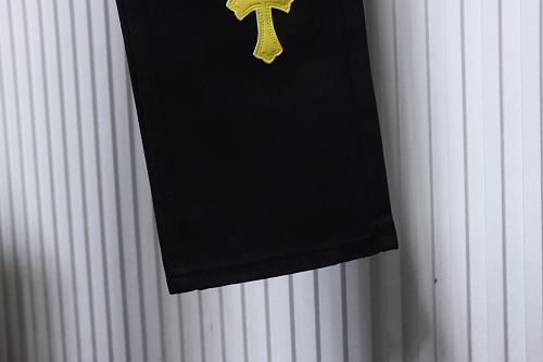 Chrome Hearts Leather Jeans with Sanskrit Cross Back Patches Black/Blue/Yellow