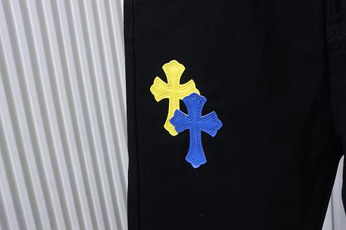 Chrome Hearts Leather Jeans with Sanskrit Cross Back Patches Black/Blue/Yellow