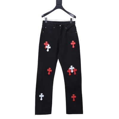 Chrome Hearts Leather Jeans with Sanskrit Cross Back Patches Black/Orange 01