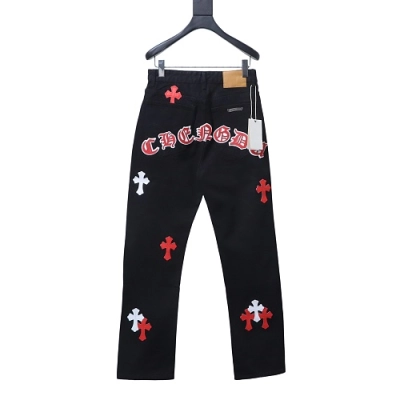 Chrome Hearts Leather Jeans with Sanskrit Cross Back Patches Black/Orange 02