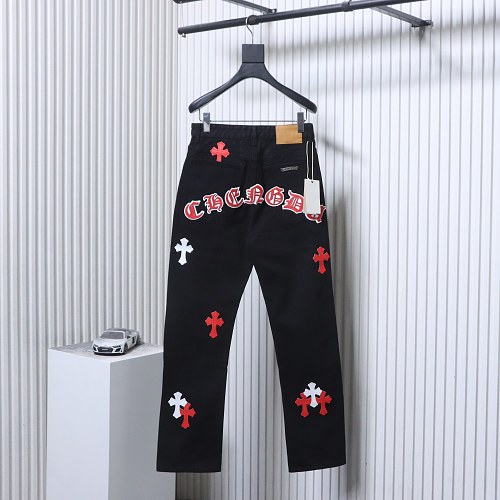 Chrome Hearts Leather Jeans with Sanskrit Cross Back Patches Black/Orange
