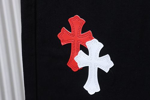 Chrome Hearts Leather Jeans with Sanskrit Cross Back Patches Black/Orange