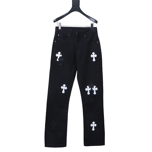 Chrome Hearts Leather Jeans with Sanskrit Cross Back Patches Black/White