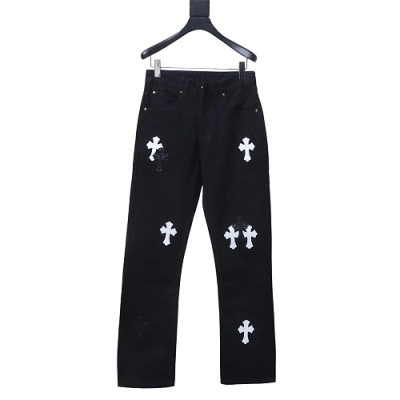 Chrome Hearts Leather Jeans with Sanskrit Cross Back Patches Black/White 01