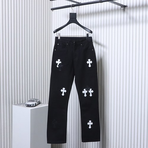 Chrome Hearts Leather Jeans with Sanskrit Cross Back Patches Black/White