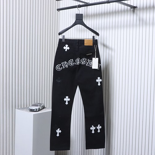Chrome Hearts Leather Jeans with Sanskrit Cross Back Patches Black/White