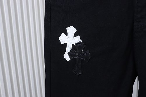 Chrome Hearts Leather Jeans with Sanskrit Cross Back Patches Black/White