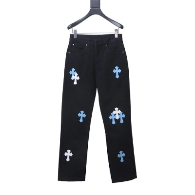 Chrome Hearts Leather Jeans with Sanskrit Cross Back Patches Blue 01