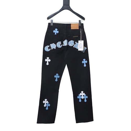 Chrome Hearts Leather Jeans with Sanskrit Cross Back Patches Blue