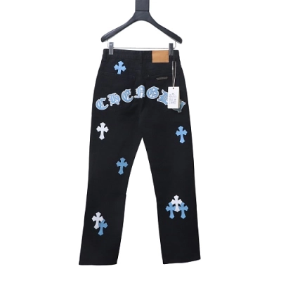 Chrome Hearts Leather Jeans with Sanskrit Cross Back Patches Blue 02