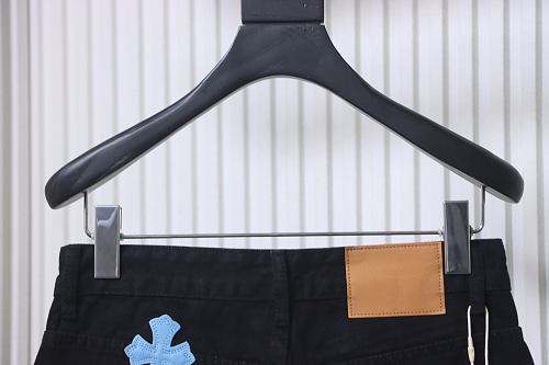 Chrome Hearts Leather Jeans with Sanskrit Cross Back Patches Blue