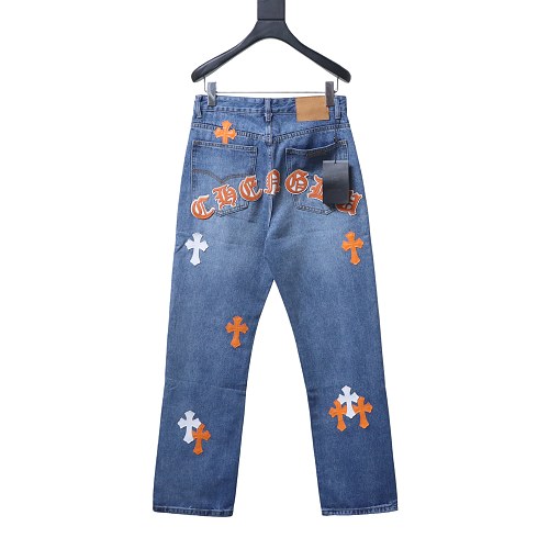 Chrome Hearts Leather Jeans with Sanskrit Cross Back Patches Blue/Yellow