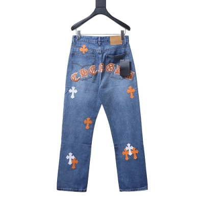Chrome Hearts Leather Jeans with Sanskrit Cross Back Patches Blue/Yellow 02