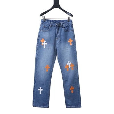 Chrome Hearts Leather Jeans with Sanskrit Cross Back Patches Blue/Yellow 01