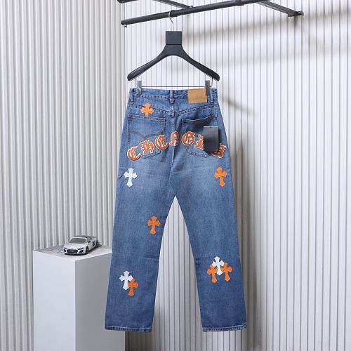 Chrome Hearts Leather Jeans with Sanskrit Cross Back Patches Blue/Yellow