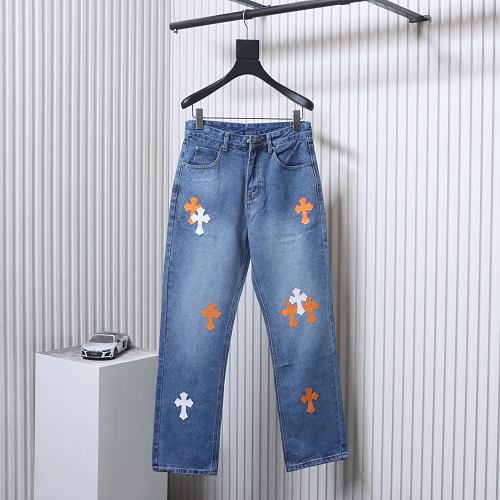Chrome Hearts Leather Jeans with Sanskrit Cross Back Patches Blue/Yellow