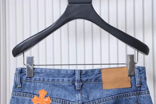 Chrome Hearts Leather Jeans with Sanskrit Cross Back Patches Blue/Yellow