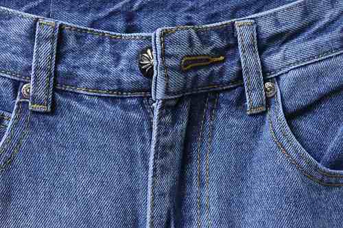 Chrome Hearts Leather Jeans with Sanskrit Cross Back Patches Blue/Yellow
