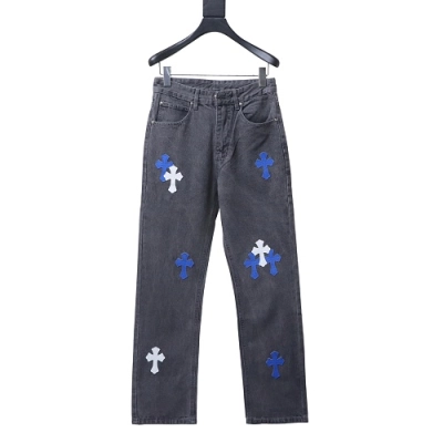 Chrome Hearts Leather Jeans with Sanskrit Cross Back Patches Grey/Pink 01