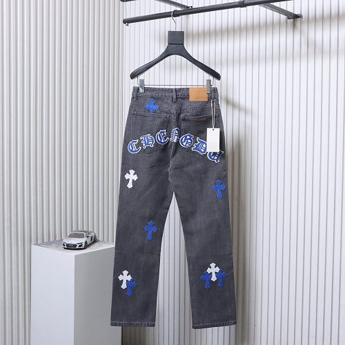 Chrome Hearts Leather Jeans with Sanskrit Cross Back Patches Grey/Pink