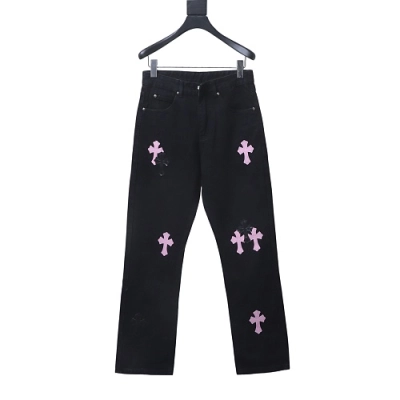 Chrome Hearts Leather Jeans with Sanskrit Cross Back Patches Pink 01