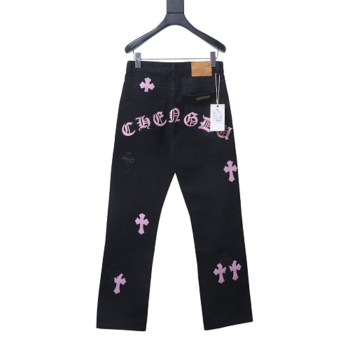Chrome Hearts Leather Jeans with Sanskrit Cross Back Patches Pink