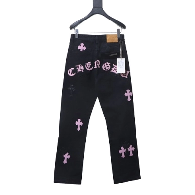 Chrome Hearts Leather Jeans with Sanskrit Cross Back Patches Pink 02