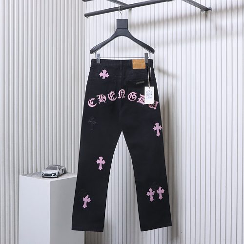 Chrome Hearts Leather Jeans with Sanskrit Cross Back Patches Pink