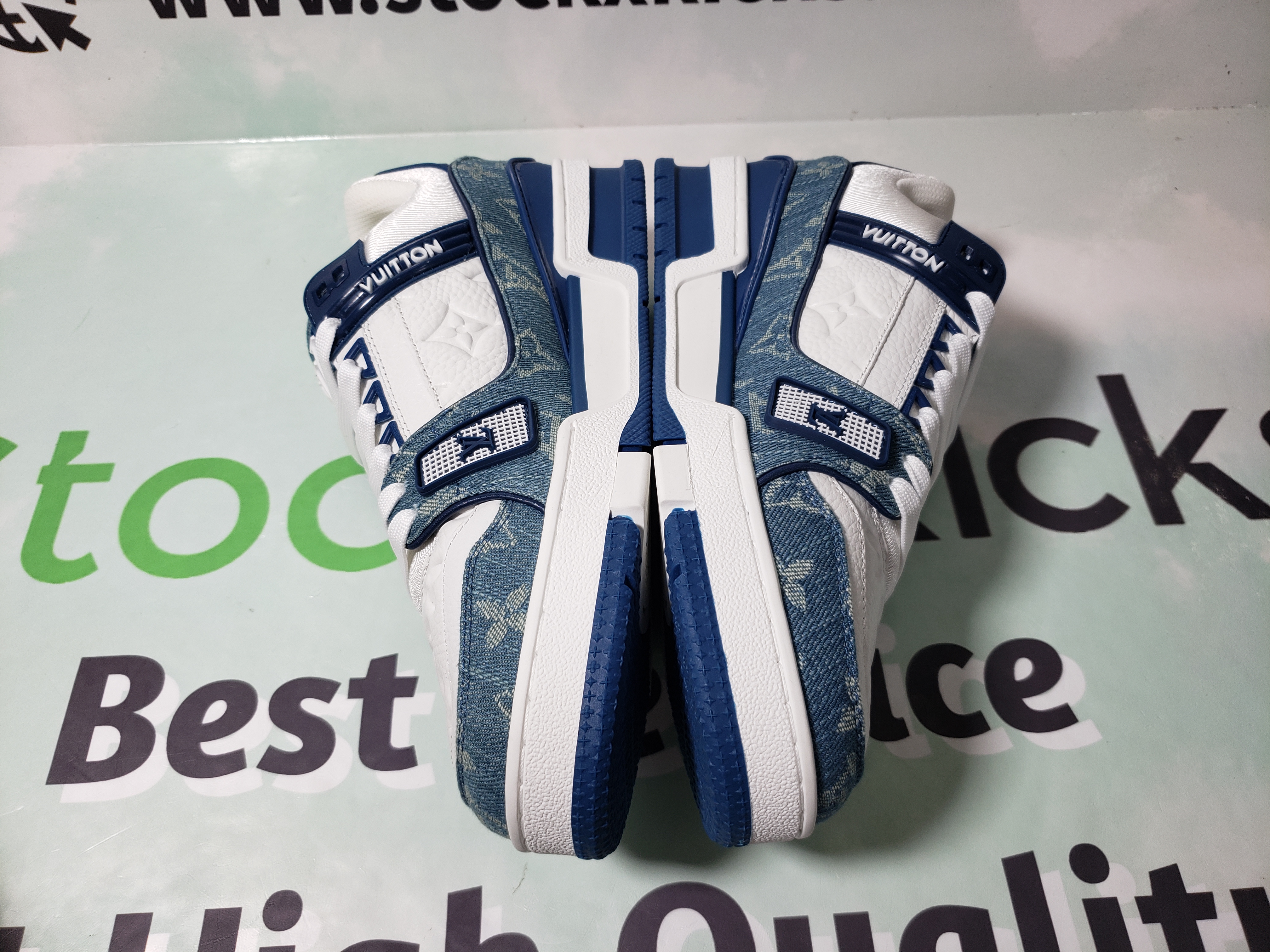 Louis Vuitton LV Trainer Monogram Denim White Blue FD0291 review stockxkicks QC 02
