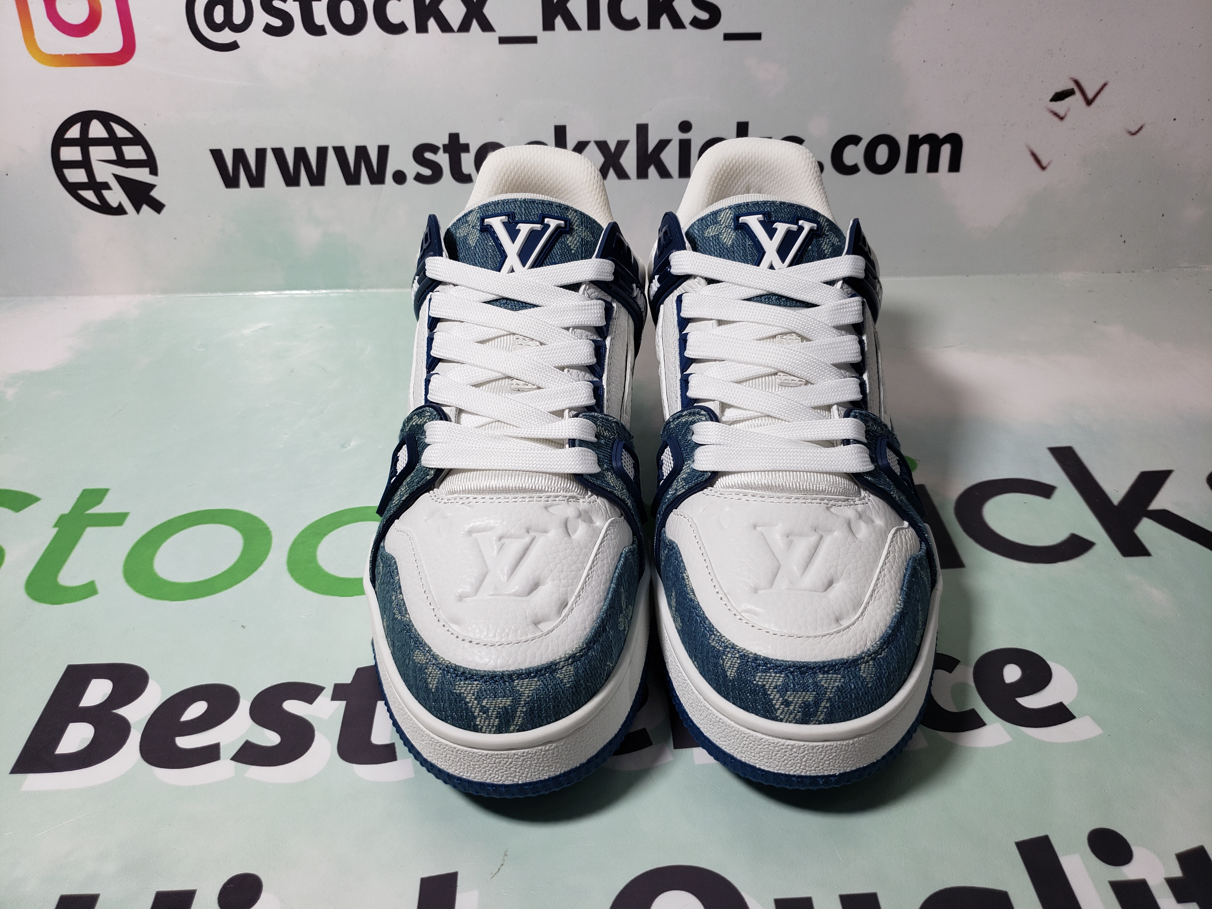 Louis Vuitton LV Trainer Monogram Denim White Blue FD0291 review stockxkicks QC 01