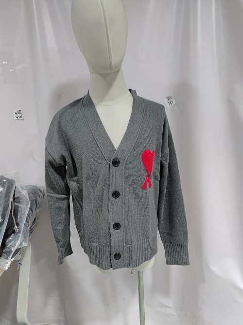 AMI PARIS 21FW Heart Embroidered Cardigan Grey review 